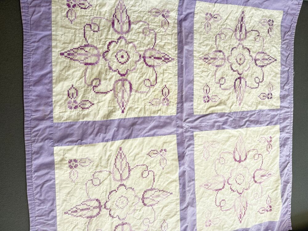 Handmade Vintage Embroidered Quilt Purple Floral Cross Stitch Cottage 60x40